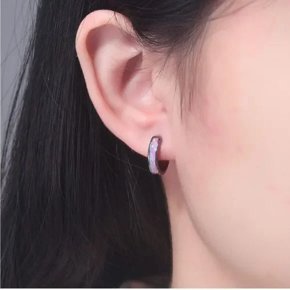14K Black Gold with Genuine Purple Fire Opal Huggie Hoop Snap Hinge Earrings